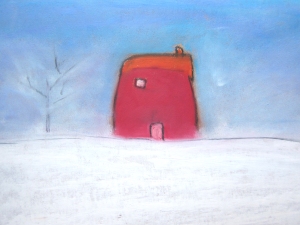 4 cottage in the snow oil pastels cardboard original art