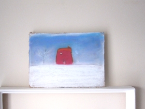 5 cottage in the snow oil pastels cardboard original art